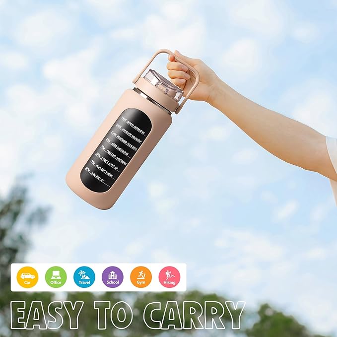 BLUEGO 64oz Insulated Water Bottle with Straw and Handle Leakproof Half Gallon Wide Mouth Motivational Water Bottle, 2-IN-1 Straw Spout Lid Stainless Steel Water Jug for Sport Travel Gym-Amber