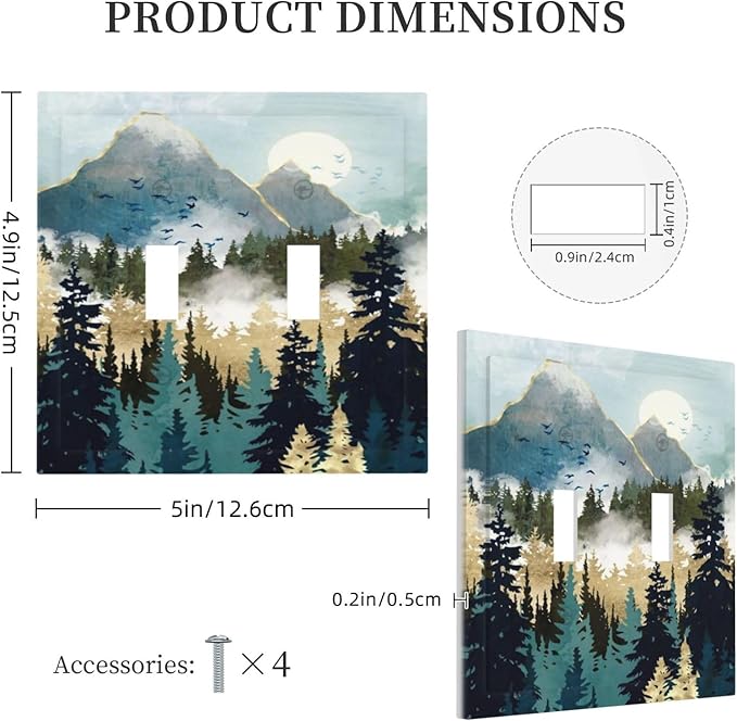 Boho Mountain Forest Abstract Sunset Sunrise Sun Double Toggle Light Switch Covers 2 Gang Wall Plate Dual Decorative Switchplate Electrical Faceplate for Country Bathroom Bedroom Decor