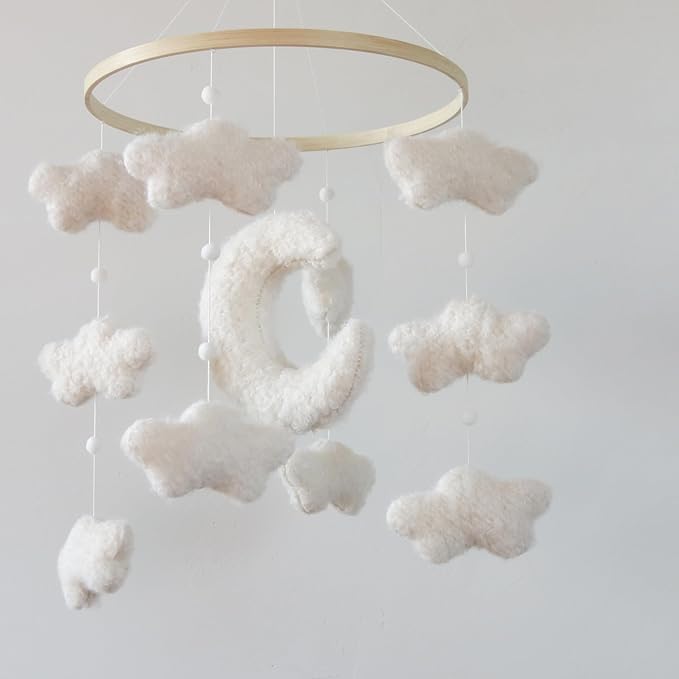 Boucle Cloud Moon Crib Mobile Boho Baby Mobile for Crib Neutral Nursery Mobile for Boys & Girls