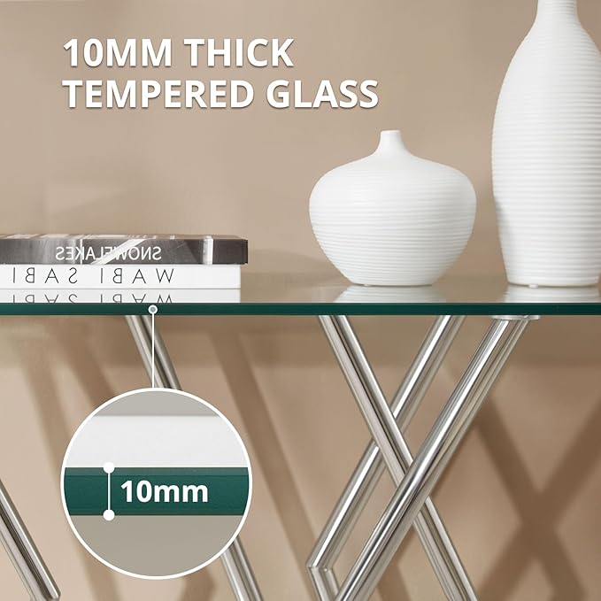 43.3" Glass Modern Console Table, Sturdy Silver Entryway Table with Stainless Steel Base, Rustic Entrance Table, Minimalist Narrow Tables for Living Room & Office