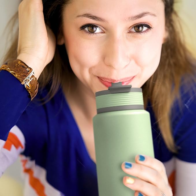 Asobu Boulder Puramic™ Insulated Sport Water Bottle with Dual Function Flip Open and Straw Lid for Hot Coffee and Cold Ice Coffee with Ceramic Coating 34 oz (Basil Green)