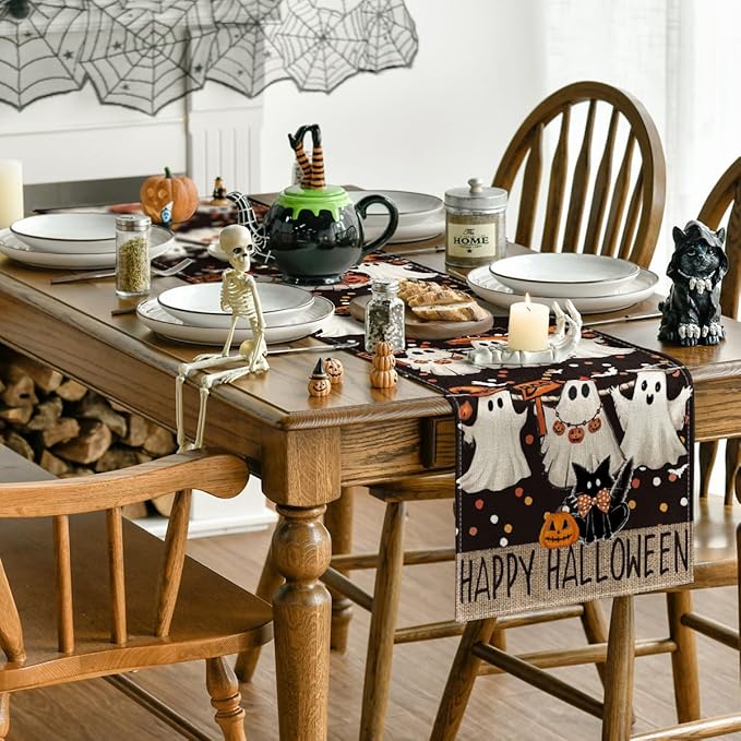 Artoid Mode Ghost Jack-O'-Lantern Black Cat Halloween Table Runner,Holiday Kitchen Dining Table Decoration for Home Party Decor 13 x 120 Inch
