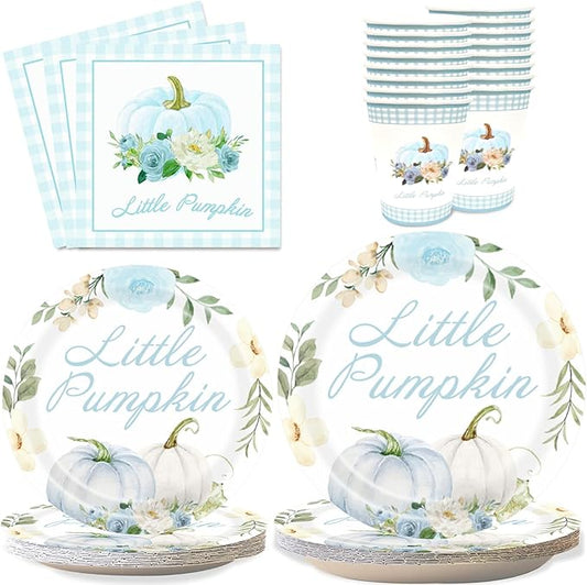 Aukolass Pumpkin Party Supplies Tableware Set - Fall Theme Party Decorations Including Plates, Napkins and Cups for Pumpkin Birthday and Baby Shower Party, Serves 24 Guests (blue)