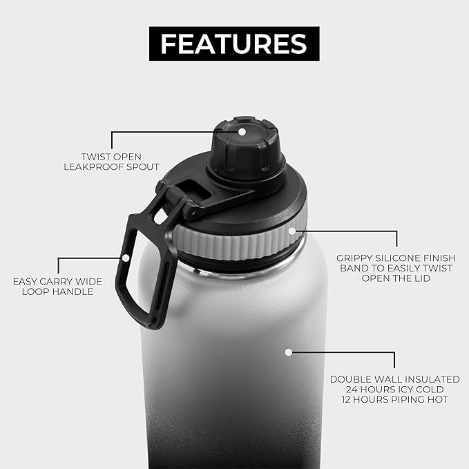BOZ Stainless Steel Water Bottle - Vaccum Insulated Water Bottle 32 Oz - Wide Mouth BPA Free Sport Water Bottle for Gym with Spout Lid - Thermal Hot & Cold 1 Litre Gradient Black Waterbottle