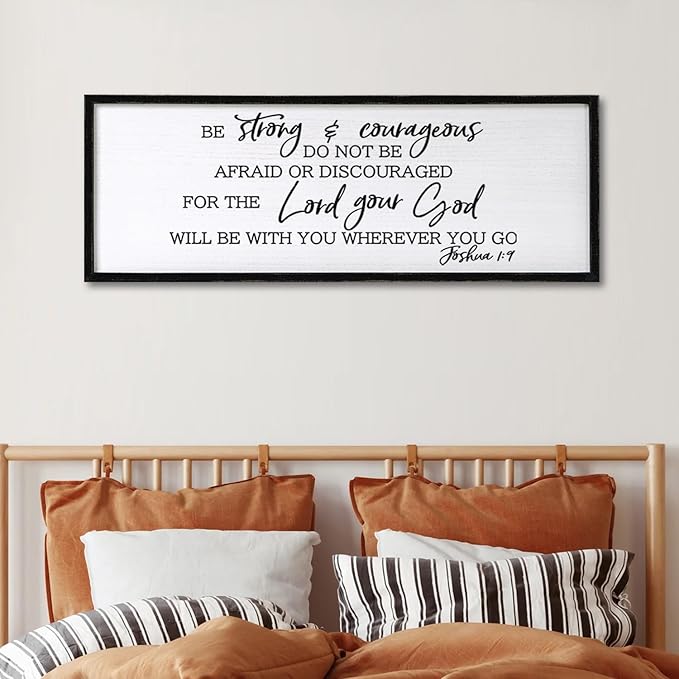 Be Strong And Courageous Sign Bible Verse Framed Wall Art, 32''×12'' Rustic Religious Christian Proverbs 3:5-6 Sign, Horizontal Holy Inspirational Catholic Scripture Decor