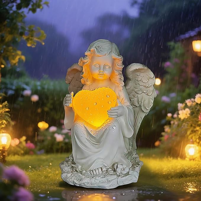 Angel Statues for Garden, Solar Angels for Outside with Glowing Heart & Cemetery Decorations for Grave, Yard Art Patio Balcony & Lawn Ornaments Gifts for Mom Grandma Women