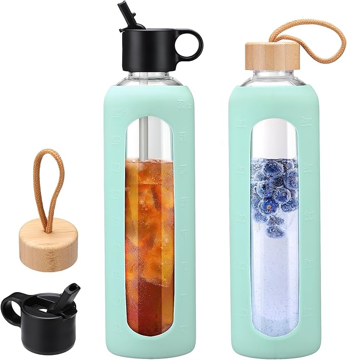 32oz Glass Water Bottle With 2 Lids-Flip Straw Lid, Bamboo Lid, Glass Water Bottle With Silicone Sleeve, Motivational Time Marker, Glass Juice Bottle for Cold Drink,Light Blue