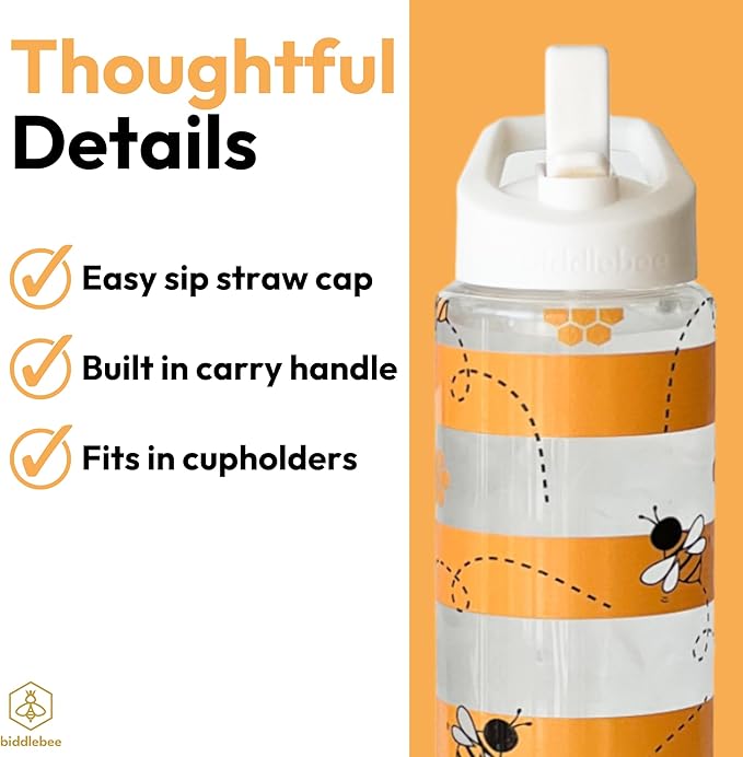 Biddlebee 32oz. Hydration Tracker Water Bottles with Times To Drink | Big Motivational Water Bottle with Time Marker, Straw Lid, & Measurements | BPA-Free