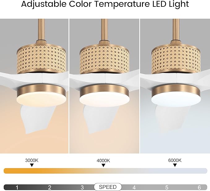 52" Ceiling Fan with Light and Remote, 3 Solid Wood Blades, Noiseless Reversible DC Motor Ceiling Fan with 4.5"/12" Downrods for Bedroom/Living Room/Porch (Gold/White)