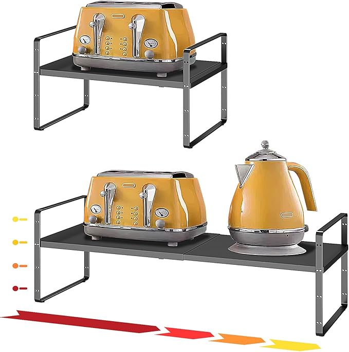 16.5~27.1" Expandable Shelf Organizer, 1Pack 8.1" Wide Stackable Cabinet Shelf Organizers, Black Metal Sturdy Kitchen Counter Storage for Countertop, Adjustable Height Spice Rack