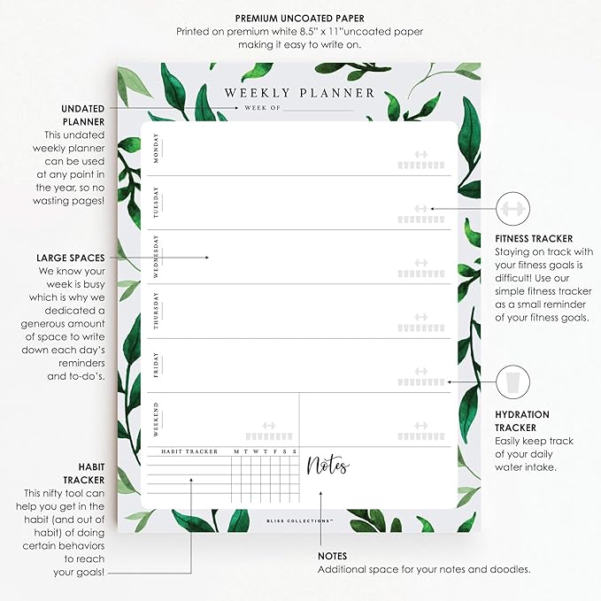 Bliss Collections Weekly Planning Pad, Desk Calendar - Greenery - Undated Tear-Off Sheets Notepad - Calendar, Organizer, Scheduler for Goals, Tasks, Ideas, Notes & To-Do Lists - 8.5" x 11", 50 Sheets