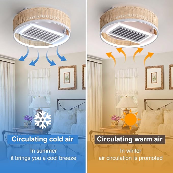 19.7''Mondern LED Bladeless Ceiling Fan, Smart Low Profile Ceiling Fan with Light, Rattan Boho Flush Mount Ceiling Fan, Dimmable Bedroom Ceiling Lights with Reversible Fans (Wood)