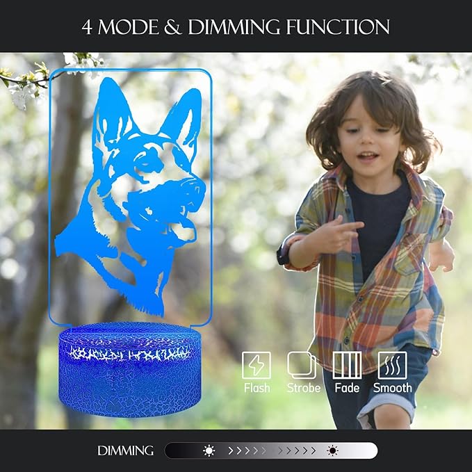 3D Visual Anime German shepherd Cute Dog Doggy Puppy Night Light 16 Color Change USB Charge Base Remote Control Dimming Flash Smooth Mode Desk Lamp Animal Cosplay Party Boy Gift Decoration