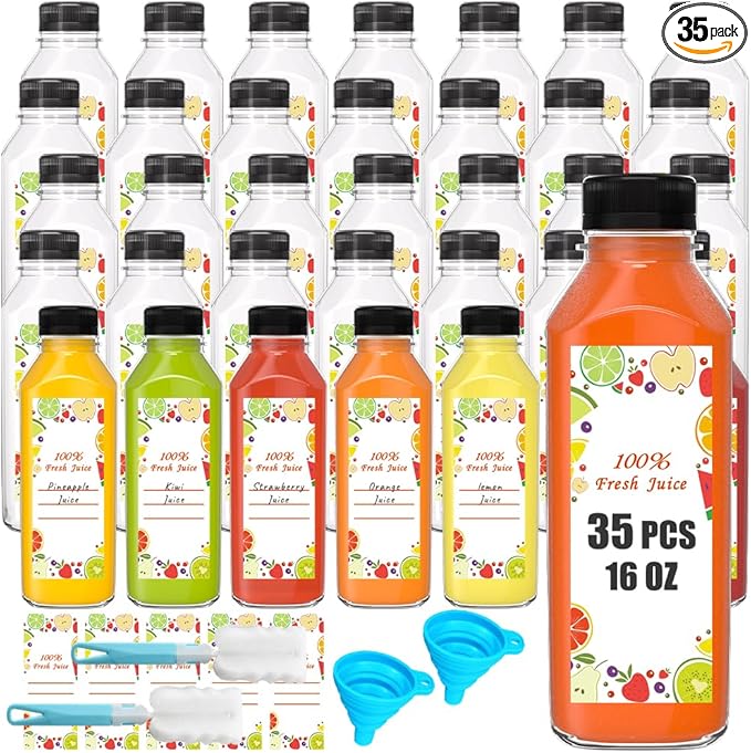 16oz Empty Plastic Bottles with Caps, 35 pcs 500 ml Reusable Bulk Sell of Juice Bottles,Take Out Beverage Containers for Juice, Milk and Other Beverages.