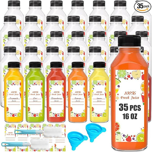 16oz Empty Plastic Bottles with Caps, 35 pcs 500 ml Reusable Bulk Sell of Juice Bottles,Take Out Beverage Containers for Juice, Milk and Other Beverages.