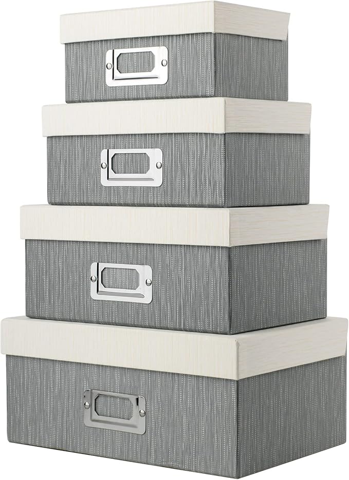 Briful Photo Boxes with Lids - 4 in 1 Set Waterproof Storage Boxes with Handles for Clothes, Shoes, Office, Cosmetic, Books