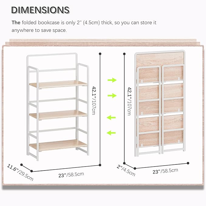 4NM No Assembly Foldable Bookshelf, 3-Shelf Collapsible Bookcase Storage for Small Spaces, 42.1" H, Natural White