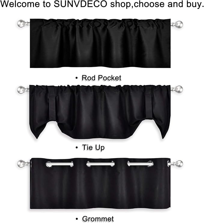 Black Valances for Windows for Kitchen Blackout Thermal Insulated Curtain Valance for Bathroom/Office Short Straight Drape Valance for Bedroom Kids Room 52 Inch Wide by 18 Inch Long 1 Panel