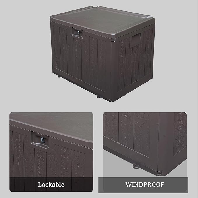 33 Gallon Pro Waterproof Outdoor Storage Bin Resin Deck Box for Patio, Poolside, and Garden, Lockable & UV-Resistant, Ideal for Small Spaces, Brown