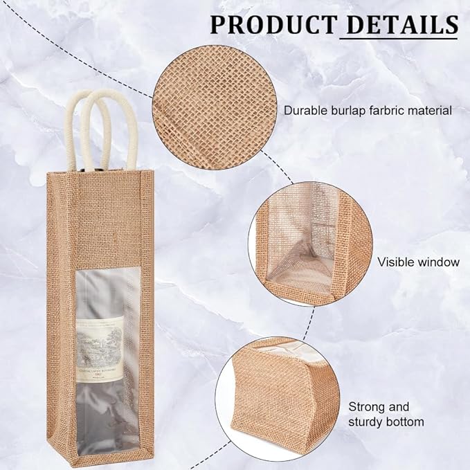 BENECREAT 2 Pack Burlap Wine Bottle Bags, Jute Wine Tote Gift Bag with Clear Window and Handle for Wedding Birthday Festivals Souvenir Packaging Wine Gift Packaging (Single Bottles)