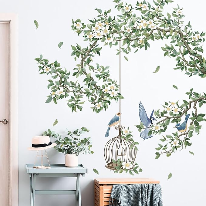 Birdcage Plant Leaves Wall Stickers Branch Vine Birds Wall Decals Peel and Stick Wall Art Decals for Living Room Bedroom TV Wall