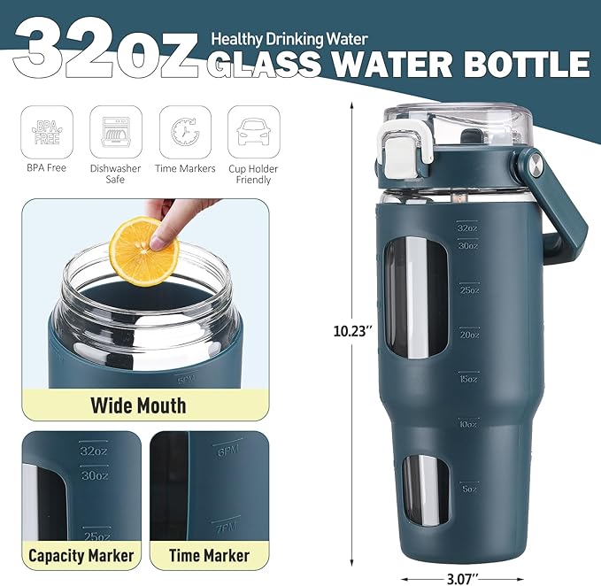 BLUEGO 32oz Glass Water Bottle with Handle and Straw|Leakproof Sports Glass Bottle with Time Marker and Silicone Sleeve|Glass Drinking Bottle for Travel, Gym, Workout, Dark Blue