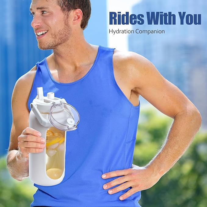 BLUEGO 64oz Glass Water Bottle with Handle and Straw, Motivational Sports Water Bottle with Time Marker and Silicone Sleeve Leakproof Drinking Bottle for Travel Gym Workout, White