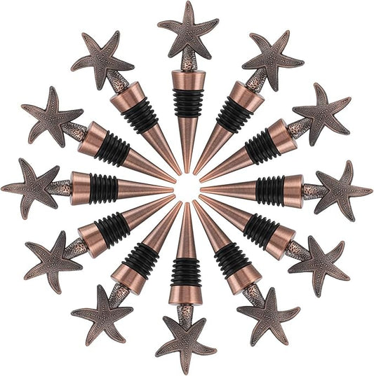 12PCS Valentine's Day Wedding Favors for Guests,Zinc Alloy Decorative Starfish Wine and Beverage Bottle Stoppers Caps Reusable Plug Keep Wine Fresh (12,Bronze Starfish)