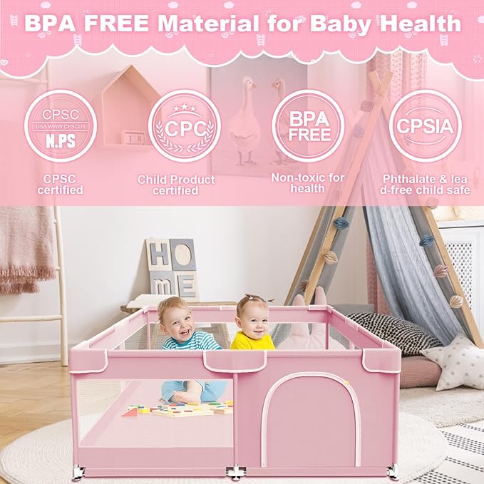 Baby Playpen 50 x 50 Inch Play Pen Playards, Playpen for Babies and Toddlers, Baby Playard for Indoor & Outdoor Active Center Game Fence, with Skin-Friendly Fabric and Soft Breathable Mesh Pink