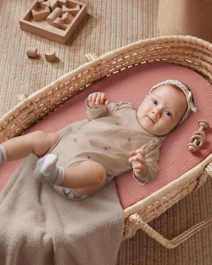 Blissful Diary Muslin Bassinet Sheets for Baby Girls Boys, Boho Soft Cotton Fitted for Oval Hourglass Rectangle Mattress, 2 Pack(Dusty Pink&Rainbow)