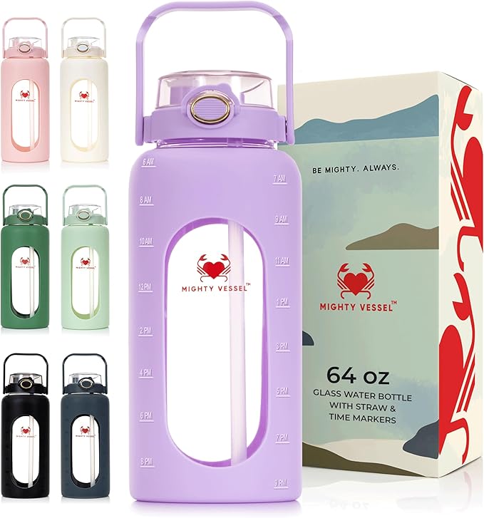 64oz Glass Water Bottle | Lavender Water Bottle with Straw & Time Marker | Half Gallon Water Bottle with Measurements & Silicone Sleeve | Suitable for Travel, Gym, & Daily Intake