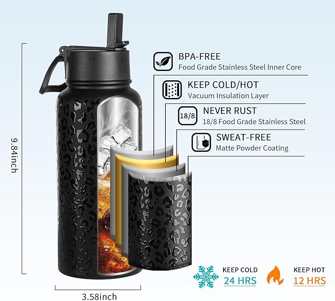 40 oz insulated Water Bottle with Paracord Handles & Strap, 2 Lids(Straw Lid&Spout Lid), Stainless Steel Reusable Wide Mouth Metal Water Bottle With Straw, Double Walled(Black)