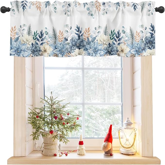Blue Christmas Poinsettia Valance Curtains for Kitchen Windows Winter Eucalyptus Leaves Rod Pocket Window Treatment Toppers for Kitchen/Living Room/Bedroom/Bathroom, 60" X 18",