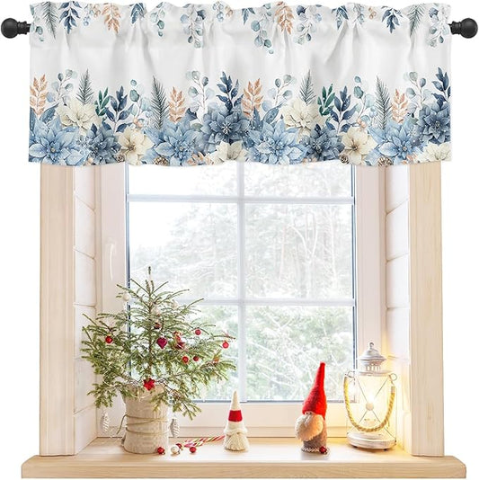 Blue Christmas Poinsettia Valance Curtains for Kitchen Windows Winter Eucalyptus Leaves Rod Pocket Window Treatment Toppers for Kitchen/Living Room/Bedroom/Bathroom, 42" X 18",