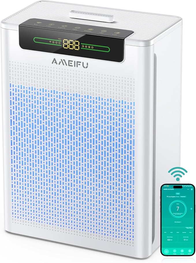 AMEIFU Air Purifiers for Home Large Room, Up to 2400 ft² with Smart WiFi APP Control, Hepa Air Purifier with Washable Filters, PM 2.5 Display for Bedroom, Pets Hair, Pollen, Dander, Smoke