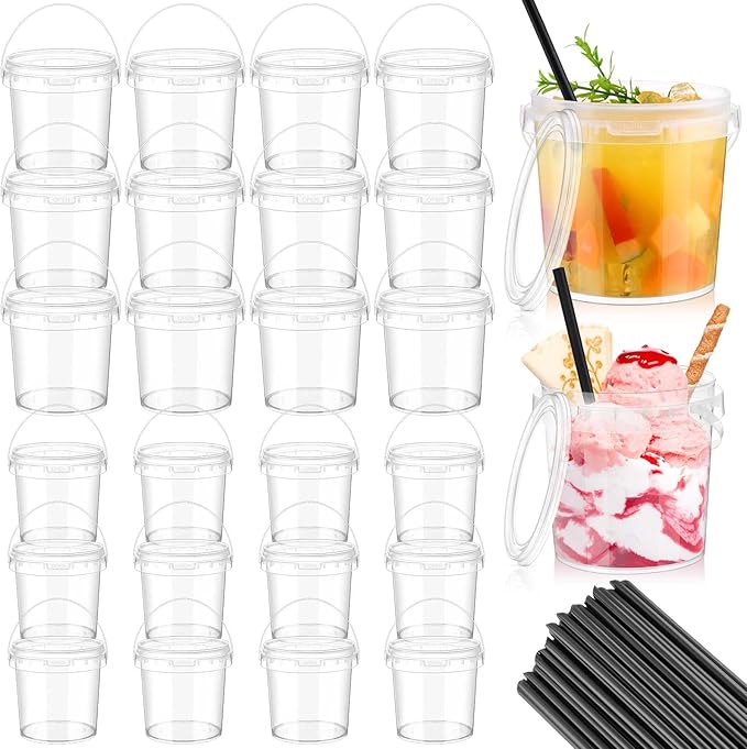 24 Pcs Ice Cream Bucket Clear Plastic Bucket with Lids and Straws Drinks Containers Plastic Food Storage Pail for Summer Cold Drink Beach Parties