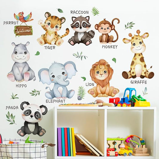 Baby Animal Wall Stickers Panda Lion Giraffe Wall Decals Premium Vinyl Jungle Animal Wall Decals for Nursery Living Room TV Sofa Background Bedroom Kids Room