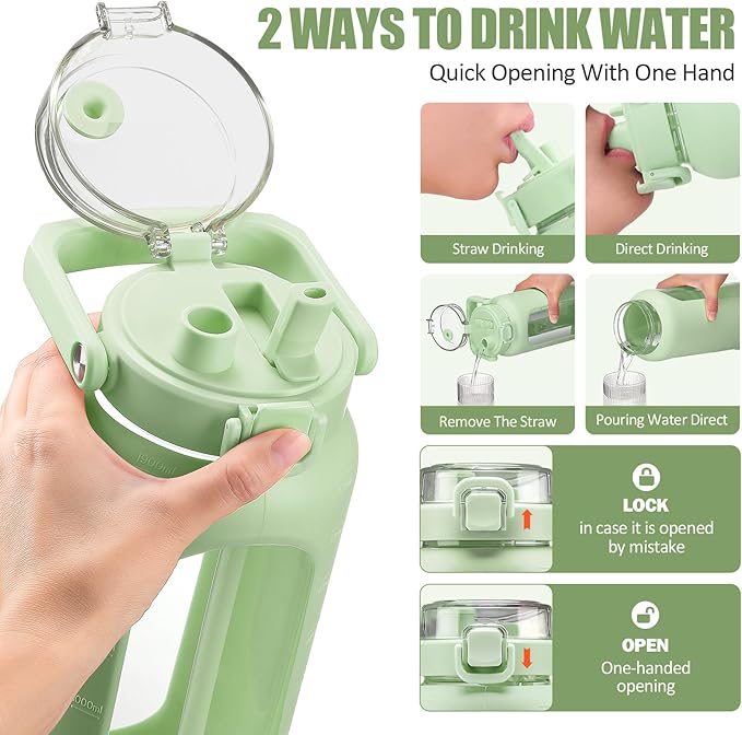 BLUEGO 64oz Glass Water Bottle with Handle and Straw, Motivational Sports Water Bottle with Time Marker and Silicone Sleeve Leakproof Drinking Bottle for Travel Gym Workout, Light Green