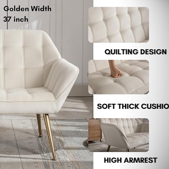 48”Small Loveseat Sofa, Modern Velvet Upholstered Mini Couch 2-Seater Fluffy Love Seat with Quilting Backs and Metal Legs for Small Space Living Room, Bedroom, Beige