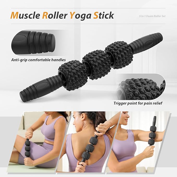 5 in1 Foam Roller Set, Trigger Point Foam Roller, Massage Roller Stick, Massage Ball, Resistance Band for Deep Muscle Massage Pilates Yoga,Fitness Exercise for Whole Body (Pure Black)