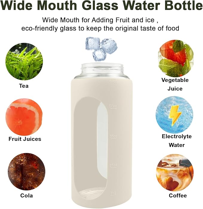 64 Oz Glass Water Bottle with Straw and Lid, Sports Motivational Water Bottle, Leakproof Water Jug Fitness with Silicone Sleeve for Gym, Beige