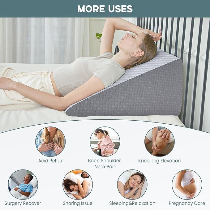 Bed Wedge Pillow, 12" 24" 24" Triangle Pillow Wedge, Cooling Memory Foam Top, Elevated Support Wedge Pillow for Relieving Acid Reflux, Heartburn, Snoring and GERD