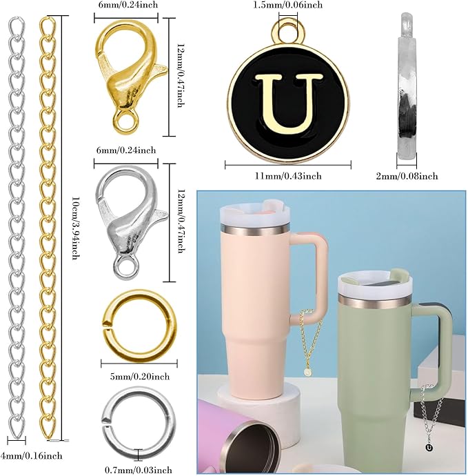 6PCS Letter Charm Accessories for Stanley Cup, Name ID Letter Handle Charm for Stanley Handle Identification Letter Pendant Handle Decoration for Stanley Tumbler Charms (Letter U)