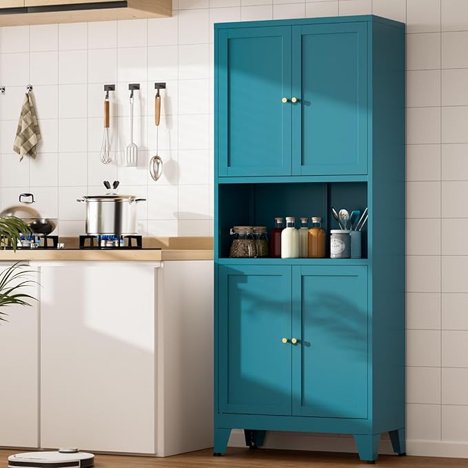 69" Tall Kitchen Pantry Cabinet, Metal Storage Cabinet with 4 Doors and Adjustbale Shelves, Freestanding Cupboards for Dining Room, Living Room, Bathroom