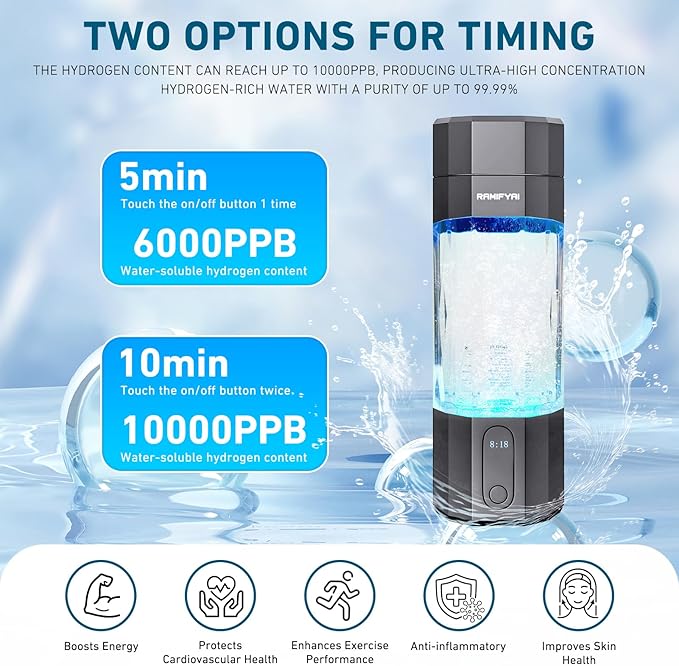 2024 New Upgrade 10000PPB Hydrogen Water Bottle Seven Colorful Light Double Anti-Slip and Leak-Proof Hydrogen Water Generator with Pressure Relief Valve-Gray