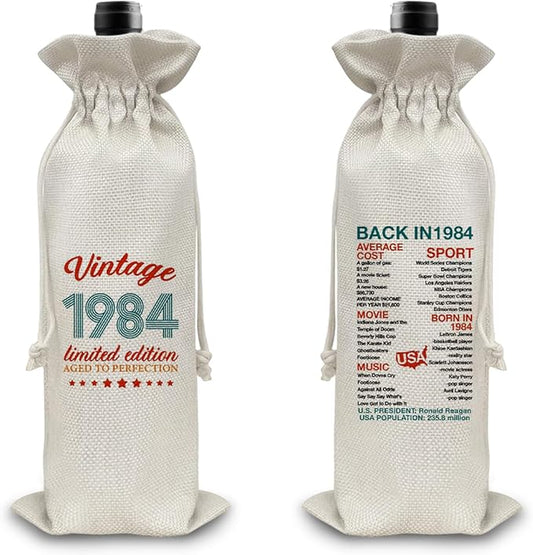 40th Birthday Gifts Wine Bag Congratulations Gifts for Men Women Mom Dad 1984 with Time Information Wine Gift Bag