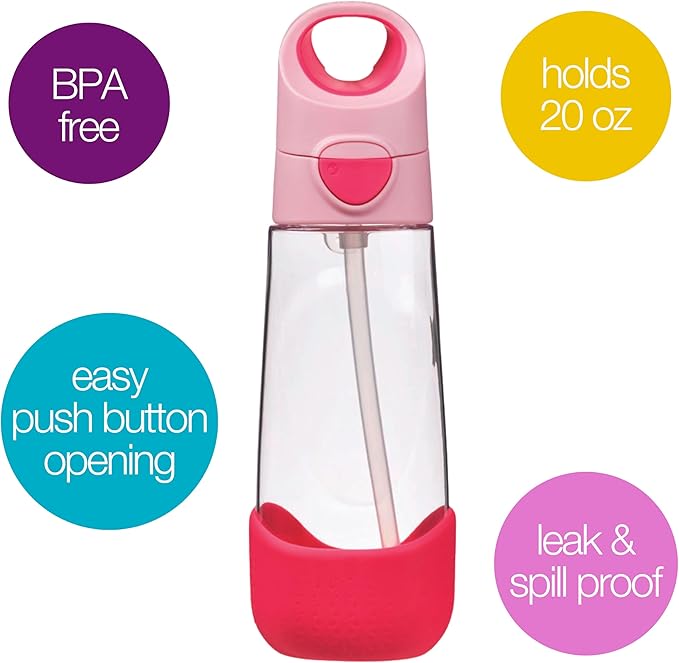 b.box 20oz Tritan Straw Bottle: Large Kids Water Bottle with Flip Straw for School, Daycare. Spill Proof, Leak Proof, Dishwasher Safe, BPA Free (Flamingo Fizz, 20 oz)