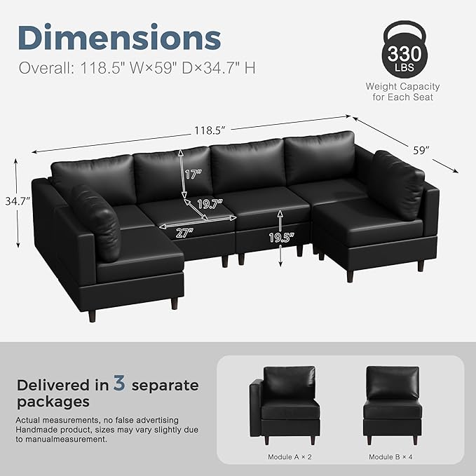 118.5" Faux Leather Modular Sectional Sofa with Storage Seat, Modern 6 Seater Couch Deep Seat with Removable Cover DIY Combination Black