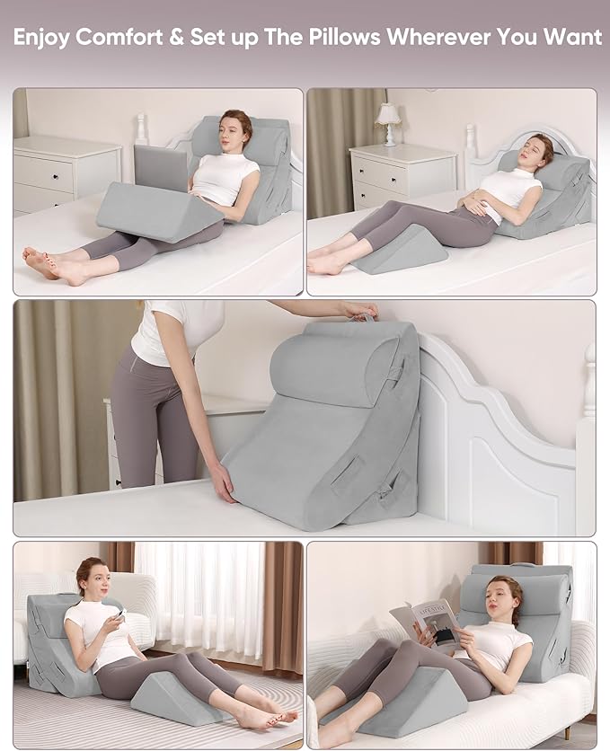 4pcs Orthopedic Bed Wedge Pillow Set Adjustable Wedge Pillow for Sleeping Wedge Pillows Memory Foam Bed Wedge Pillows for Back Support Leg Elevation System
