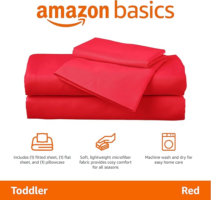 Amazon Basics Kid's Soft Easy-Wash Lightweight Microfiber 3-Piece Sheet Set, Toddler, Red, Solid